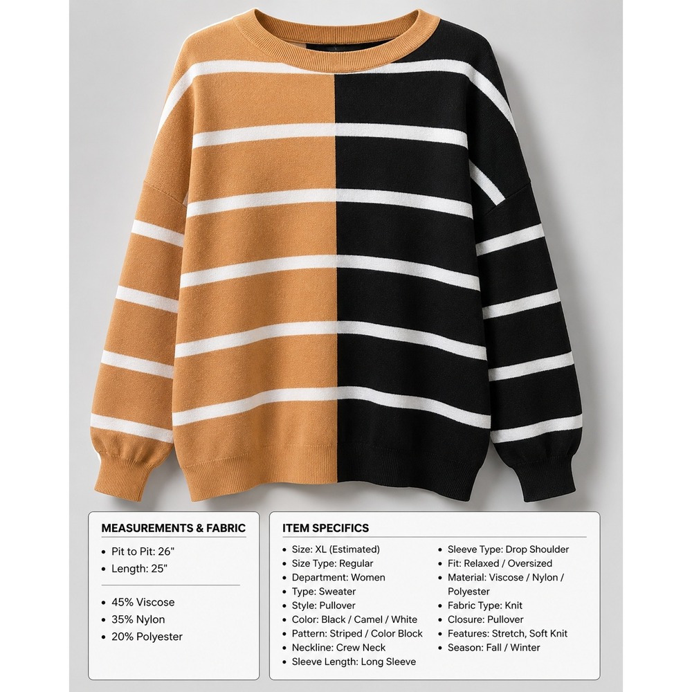 Womens XL Color Block Striped Sweater Black Camel Oversized Crewneck Pullover